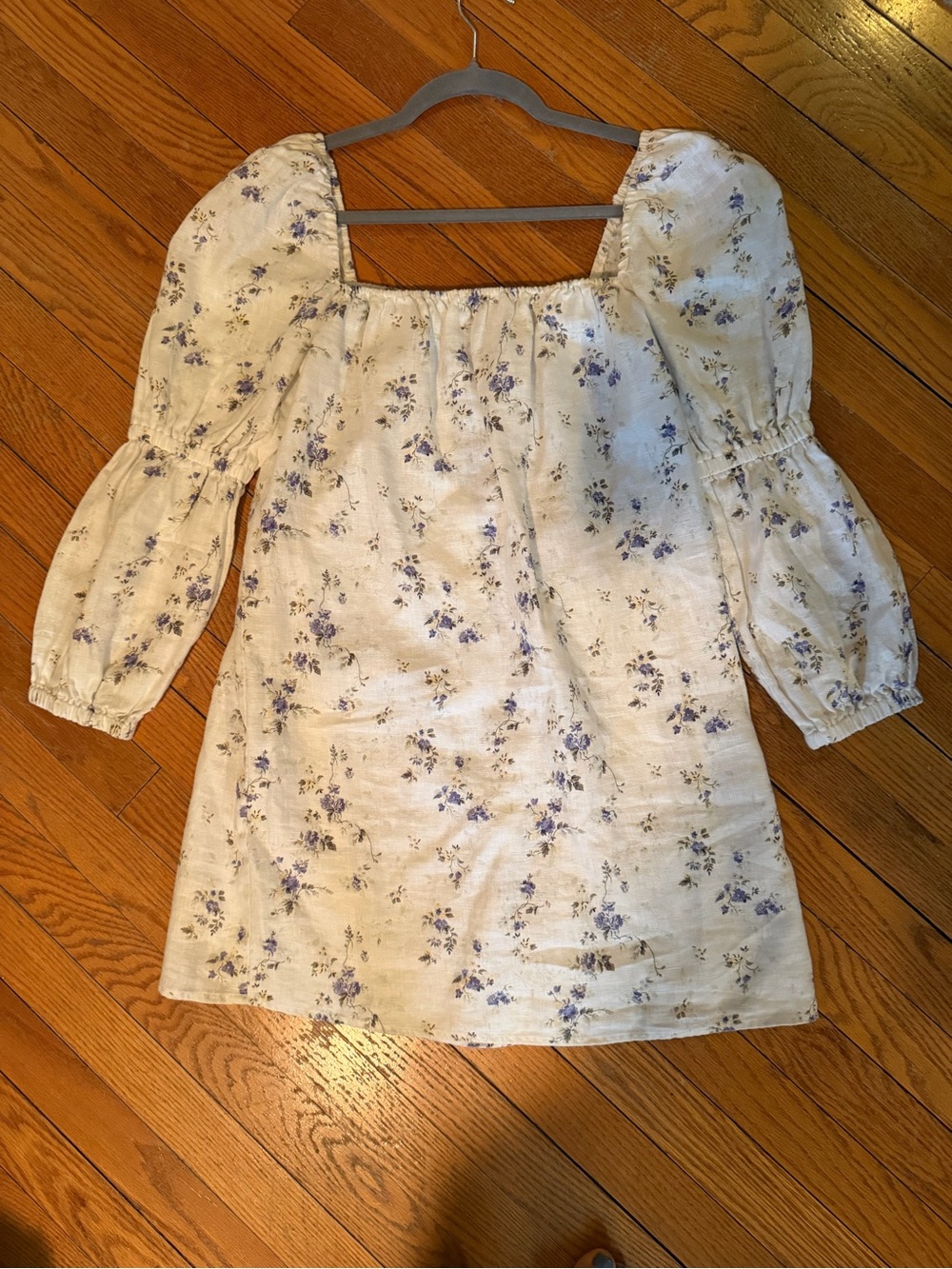 Reformation Floral Square-Neck linen Dress in Cream and purple